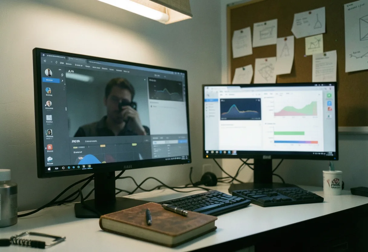 Split-screen monitors showing A/B test results, cluttered desk, minimalist office setting, A/B Testing vs AB Testing.