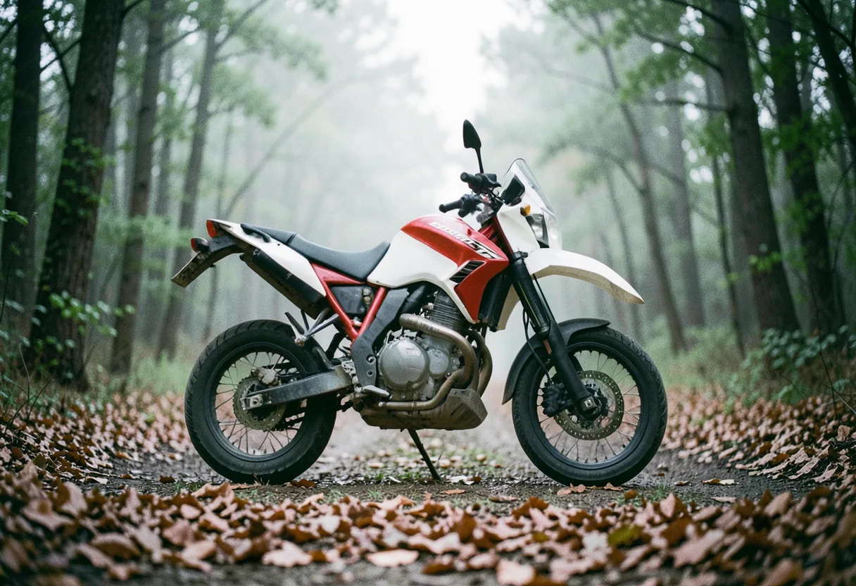 Beta 300 RX motorcycle in dual-sport setup, soft lighting, blurred background.