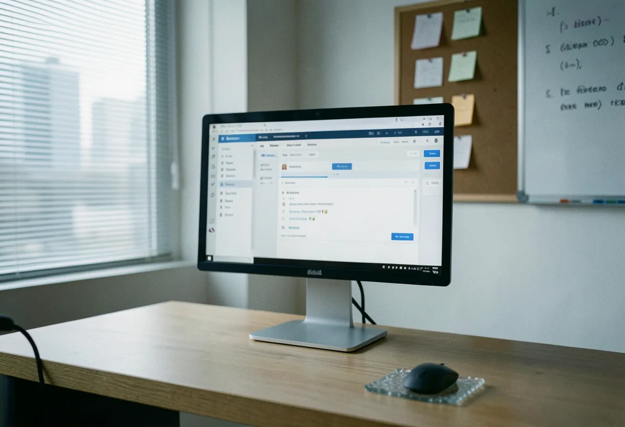 Modern office with soft lighting, computer screens, and people working, beta testing