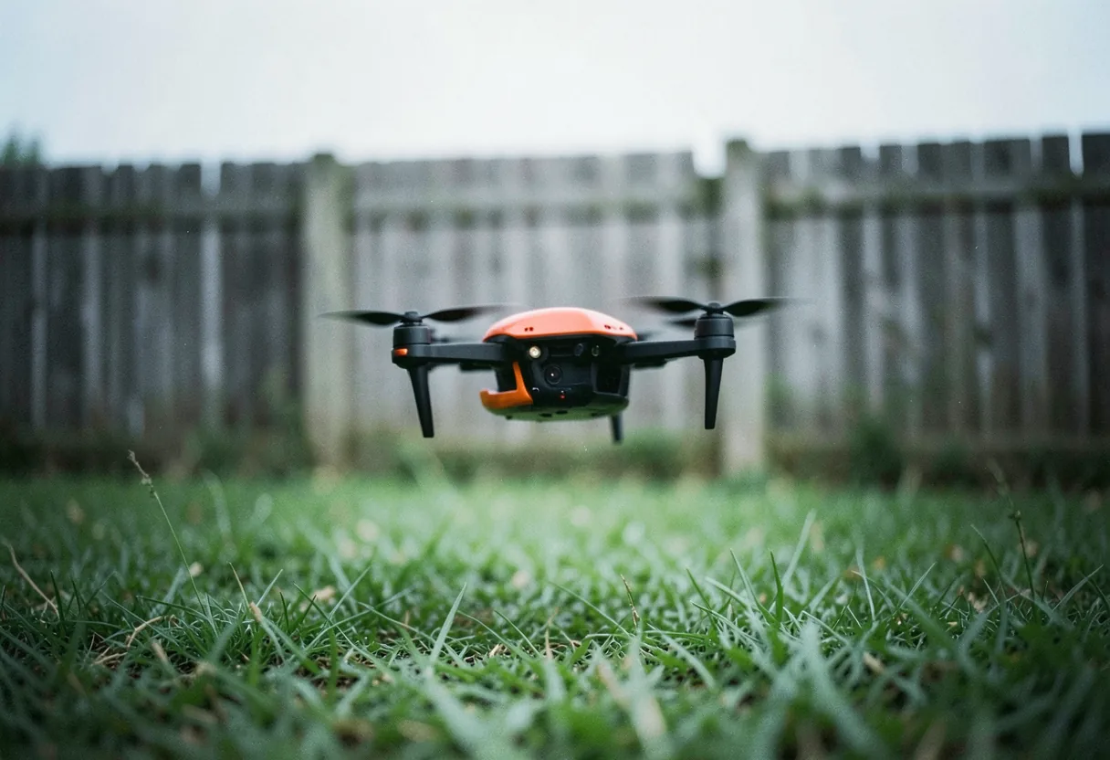 BetaFPV drone, orange and black frame, hovering in muted, diffused light.