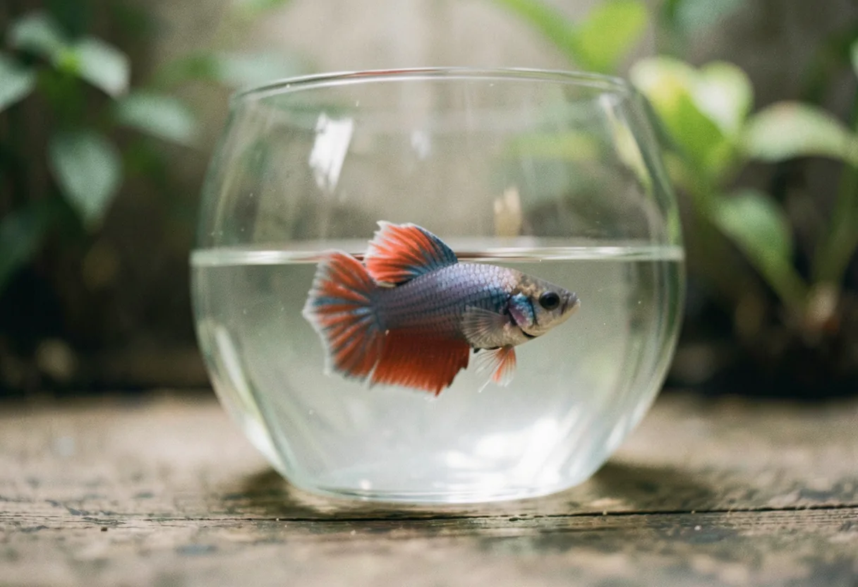 Betta fish in murky water, vibrant scales contrasting, lifespan illustration.