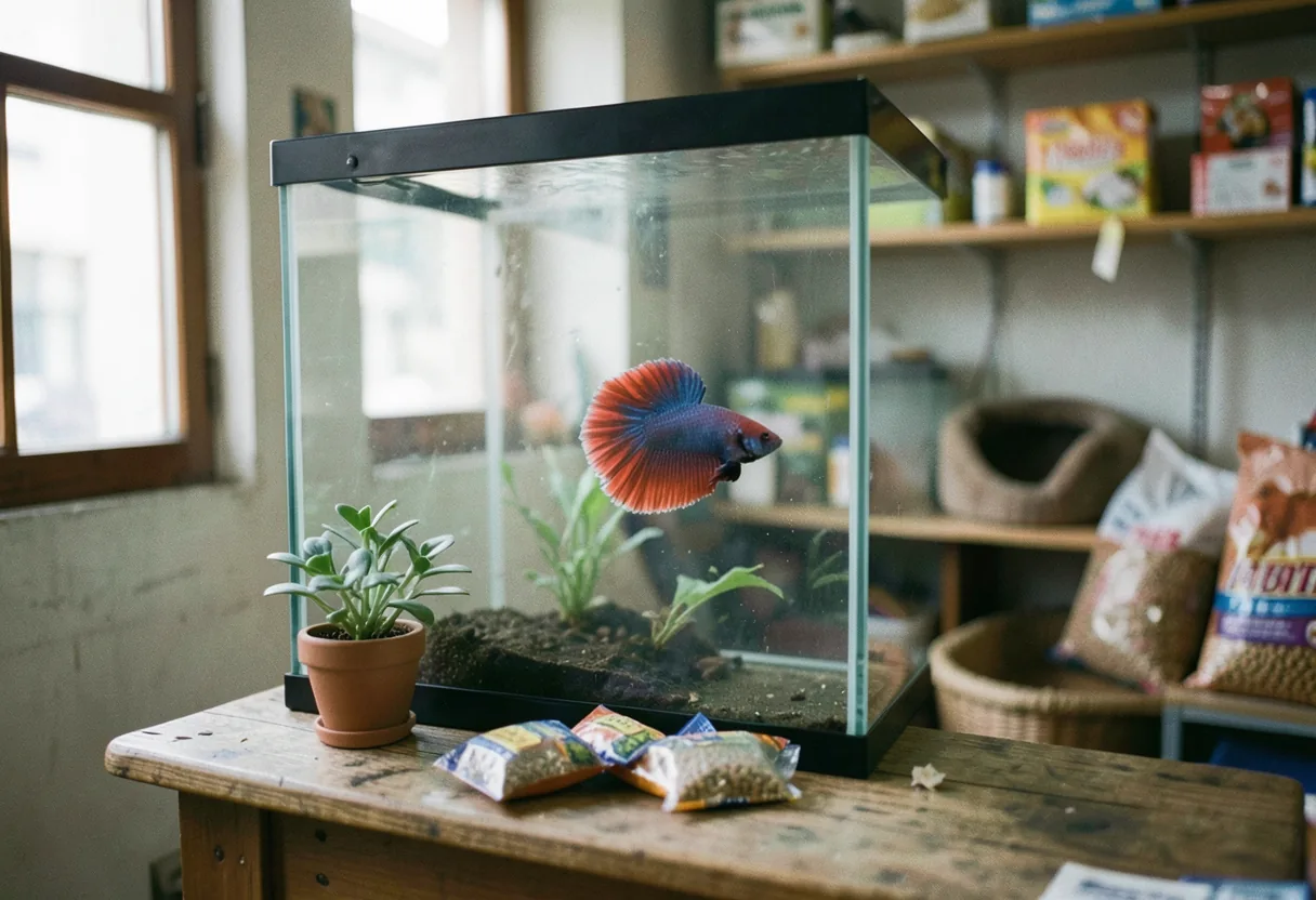 A betta fish in a small cup at a local pet shop, soft lighting.
