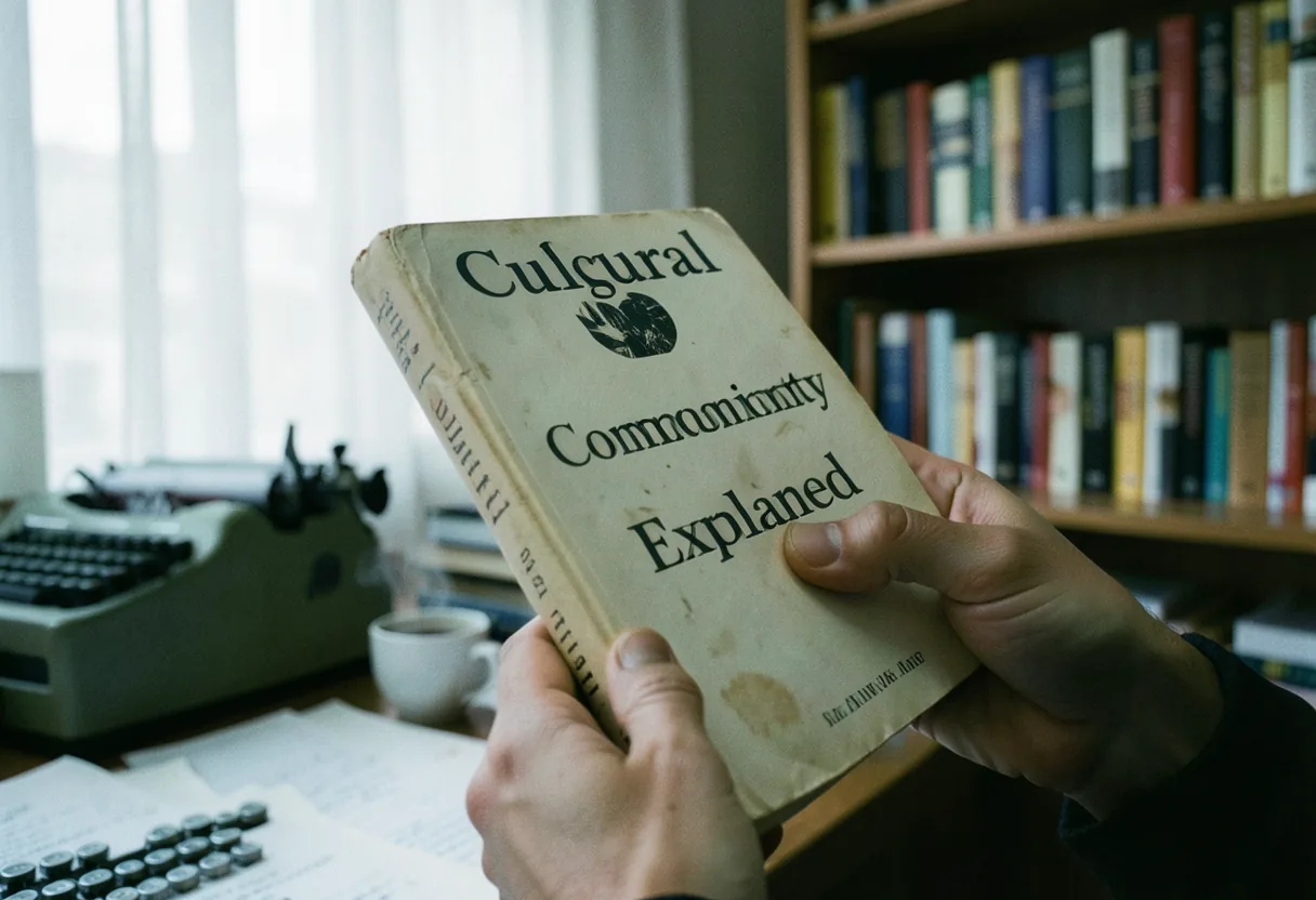 Hand holds worn book titled "Cultural Commentary Explained" under soft, diffused light.
