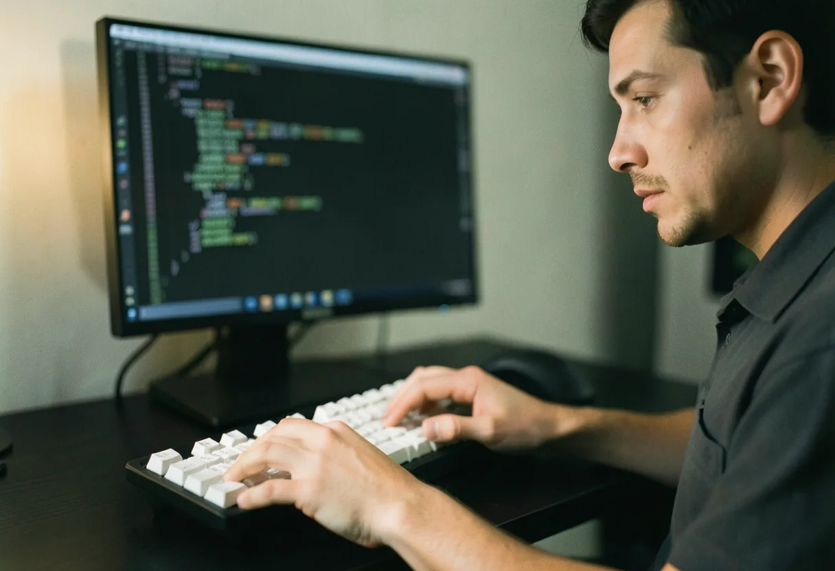Developer typing Git commands on a laptop, blurred code on screen, office background.