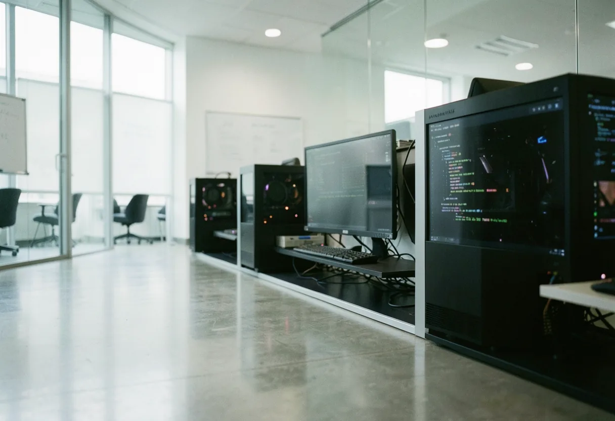 Modern beta testing facility, muted colors, soft lighting, UAT process in release cycles.