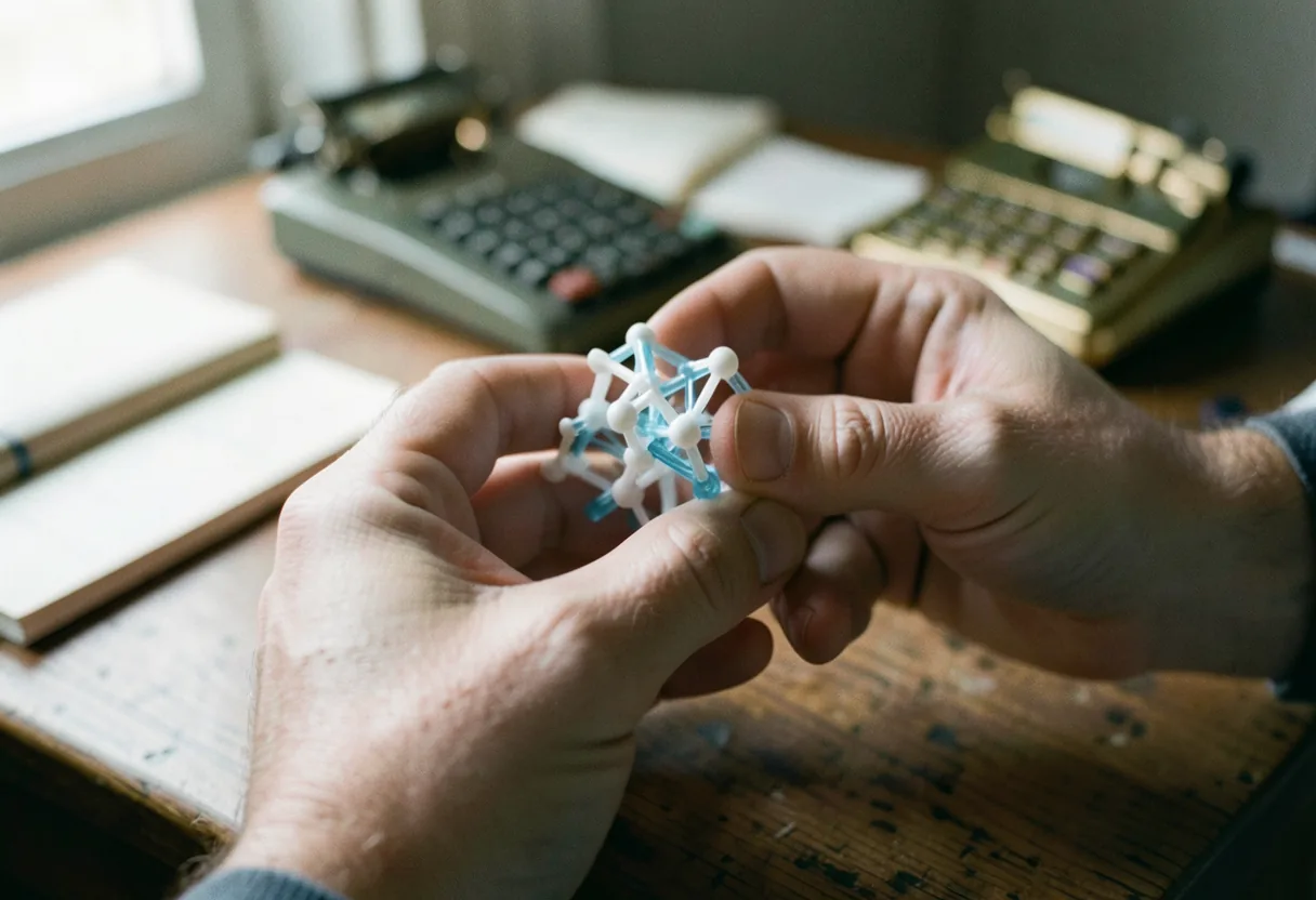 Hand pointing at GRU architecture diagram, muted colors, soft lighting, pores visible.