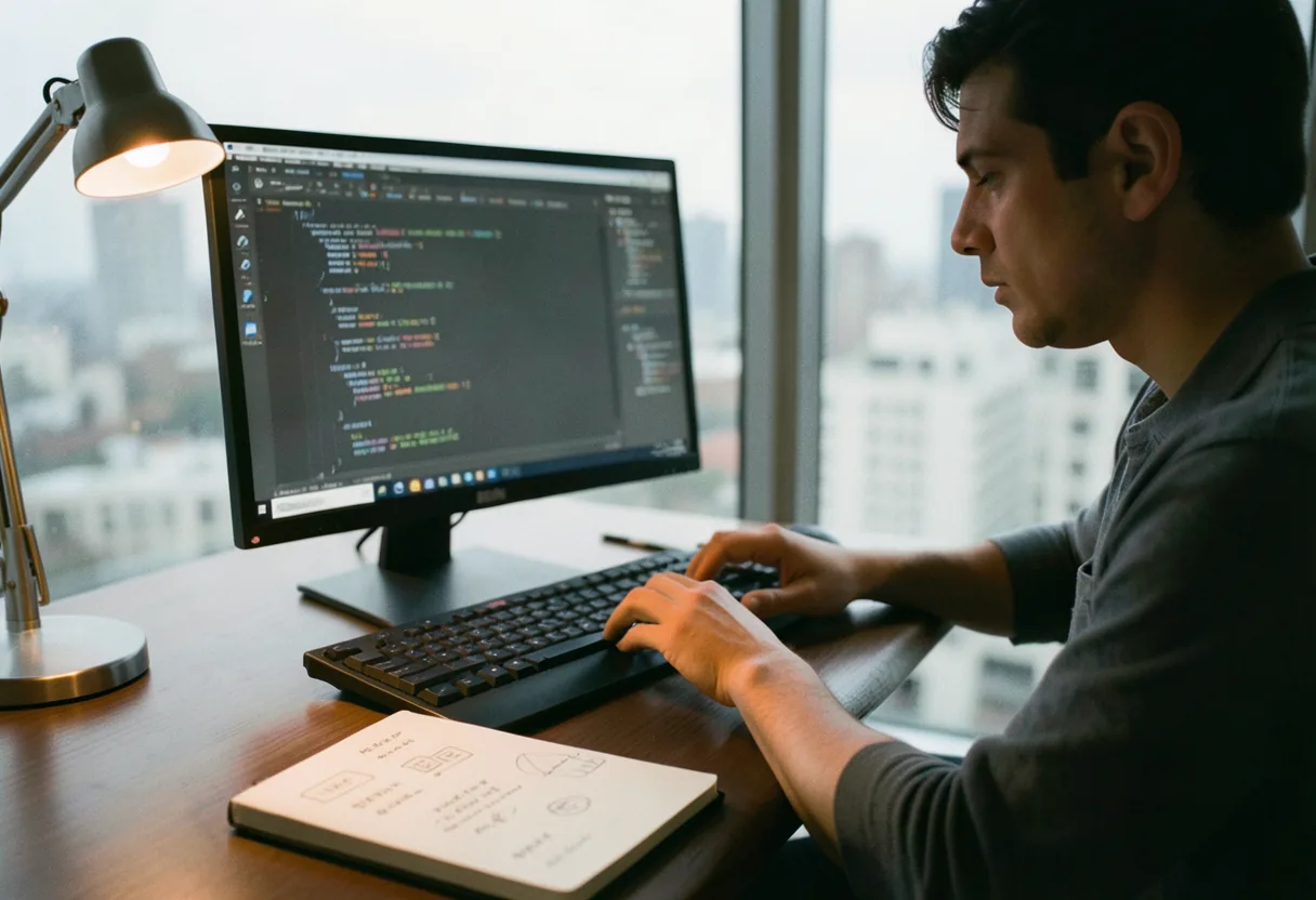 Developer typing on keyboard with code on screen, HTML and CSS: Building Modern Web Interfaces.
