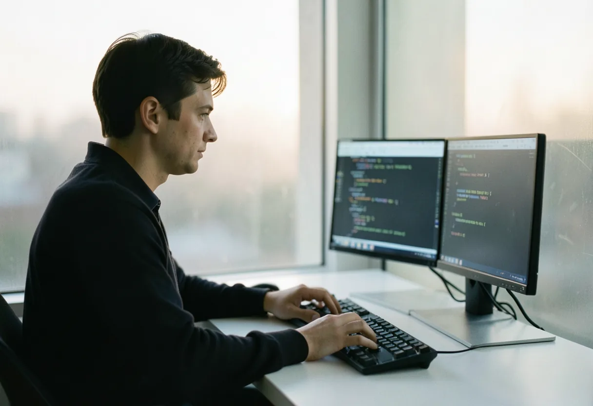 Person typing on laptop at minimalist desk, Python code on screen, core concepts topic.