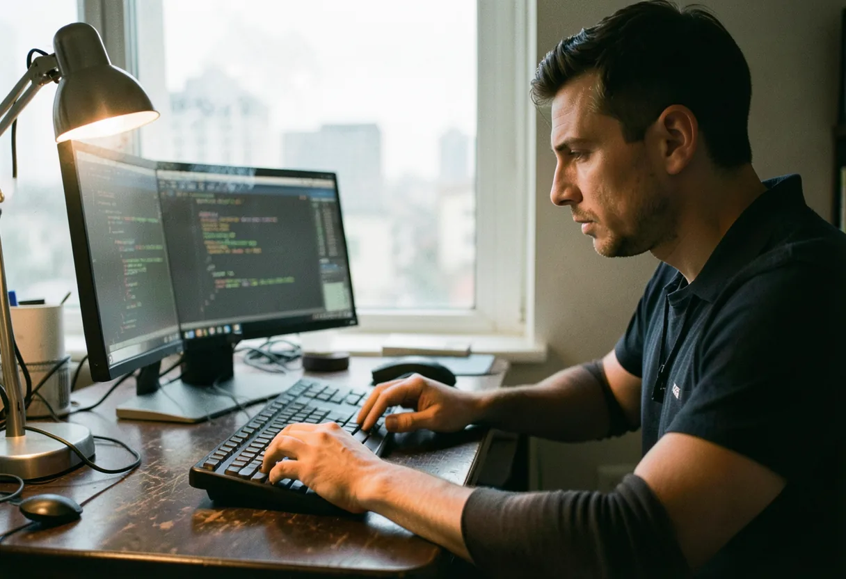 Developer at desk, running smoke test on computer, software testing.