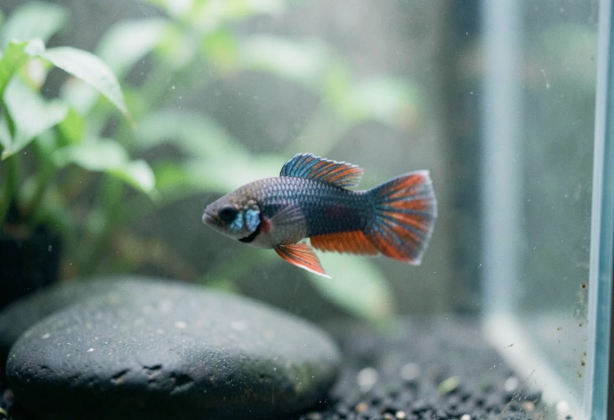 Betta fish with vibrant fins in dimly lit aquarium water.