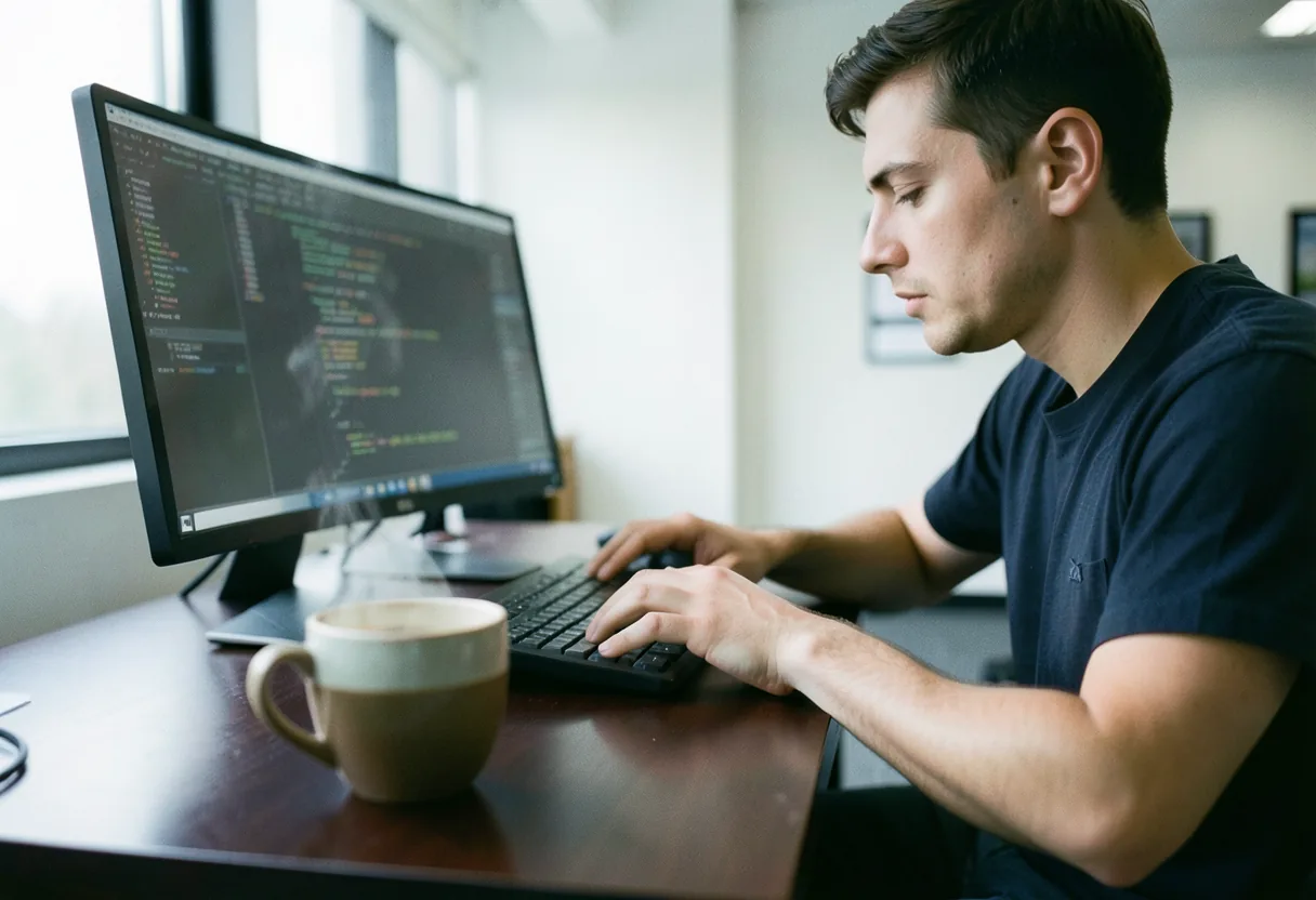 Developer at desk, fingers on keyboard, eyes focused on screen, agile development feedback loop concept.